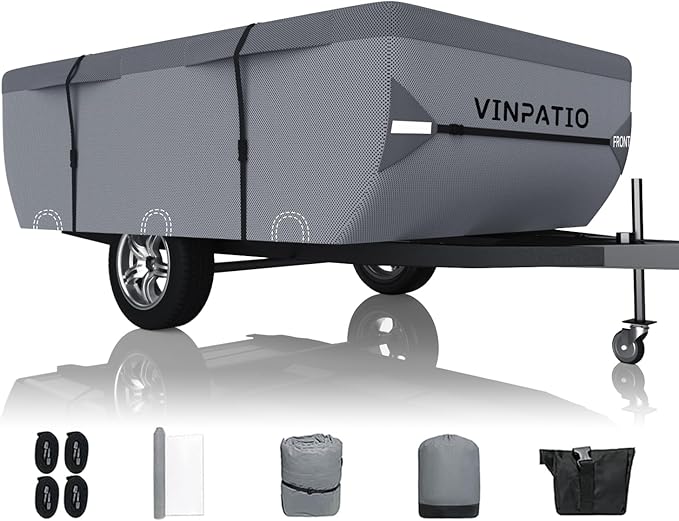 VINPATIO Pop Up Camper Cover: Folding Camper Tent Trailer Cover Fits 16'-18' Trailers, Waterproof & Anti-UV Pop-up Camper Cover with Windproof Straps