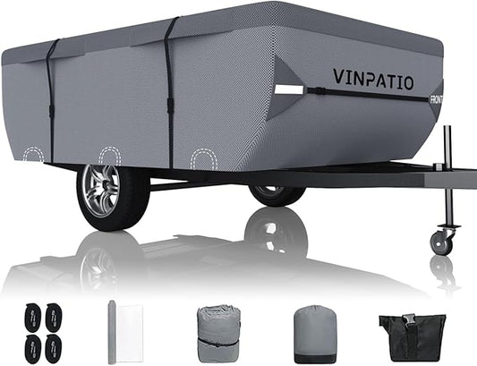 VINPATIO Pop Up Camper Cover, Folding Camper Tent Trailer Cover Fits 10'-12' Trailers, Waterproof & Anti-UV Pop-up Camper Cover with Windproof Straps