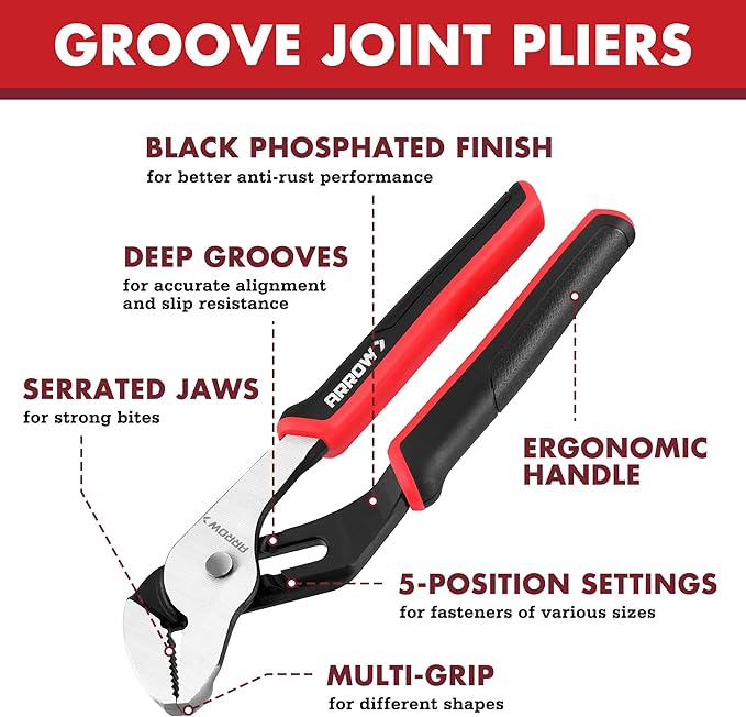 ARROW 8-Inch Groove Joint Pliers, Adjustable Water Pump Pliers with TPR Handle, High Carbon Steel Tongue and Groove Plier for Plumbing, Automotive and Household Repairs