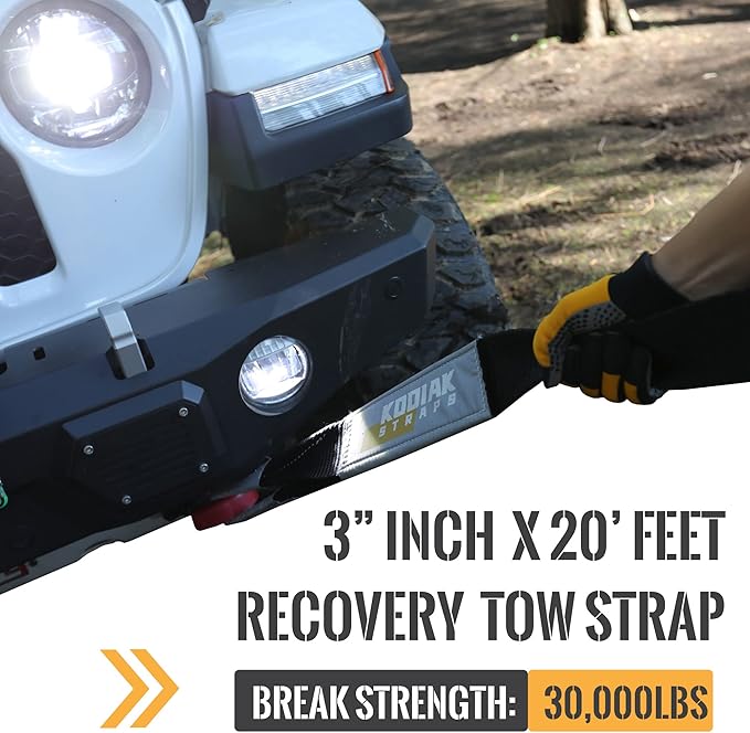 KODIAK STRAPS Tow Strap – 3'' x 20ft Car Tow Straps Heavy Duty with 30000 lbs. Break Strength and Reinforced Loops Emergency Rope Off Road Recovery Equipment Towing Straps Draw String Bag Included