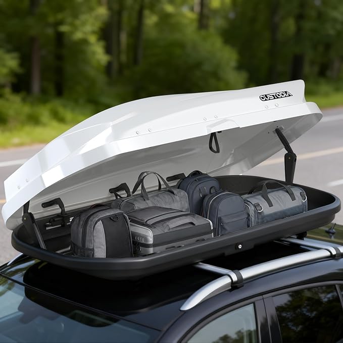 Roof Cargo Box, Dual-Side Opening Design, 14 Cubic Feet Capacity, Waterproof Hard-Shell Storage Box, Includes Straps and Spare Key,Ideal for Travel and Luggage Transport,White (W62)
