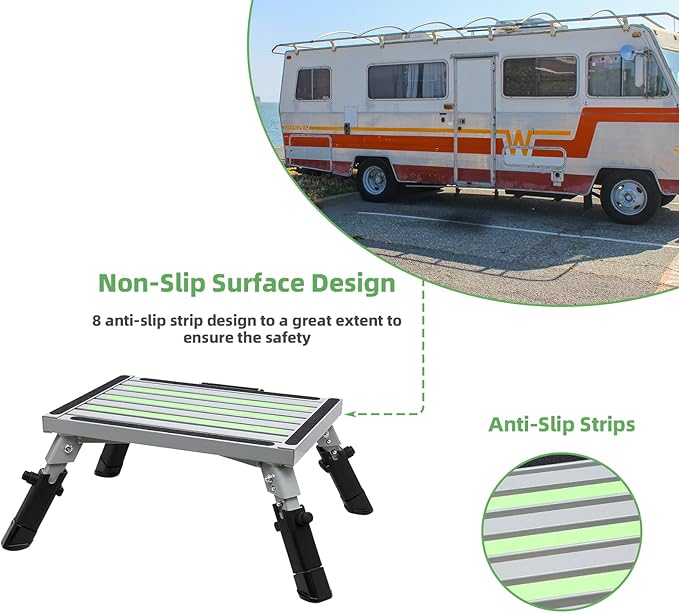 Homeon Wheels RV Step Stool, Adjustable Aluminum Platform with Non-Slip Surface, Folding Step with Rubber Feet, Reflective Strip, Handle & T Level, for Camper Use, 1000lbs, 16.5x12.2, Gray Luminous
