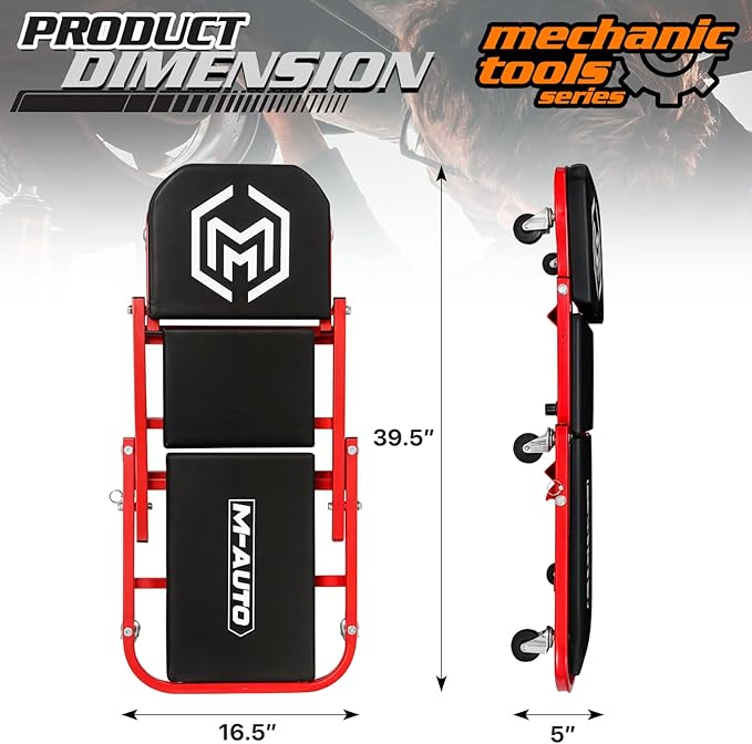 M-AUTO 40-Inch Folding Creeper Rolling Seat, All-in-One Adjustable Roller Garage Chair, Lay Down or Sit, 330LBS Capacity Under Car Roller Creeper with 6 Swivel Casters, Red