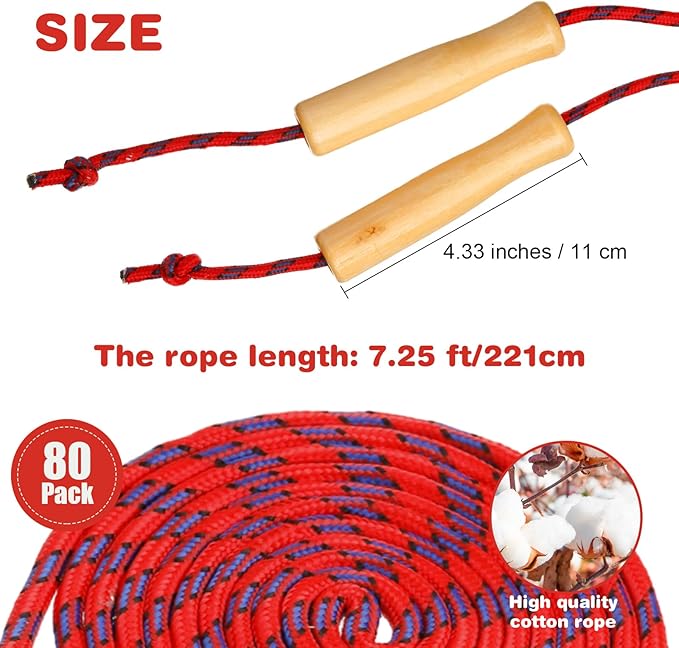 Lenwen Jump Rope Bulk for Kids 7.25 ft Cotton Skipping Rope Adjustable with Wooden Handle for Training Outdoor Exercise Christian Charity Donation Operation Christmas Supplies