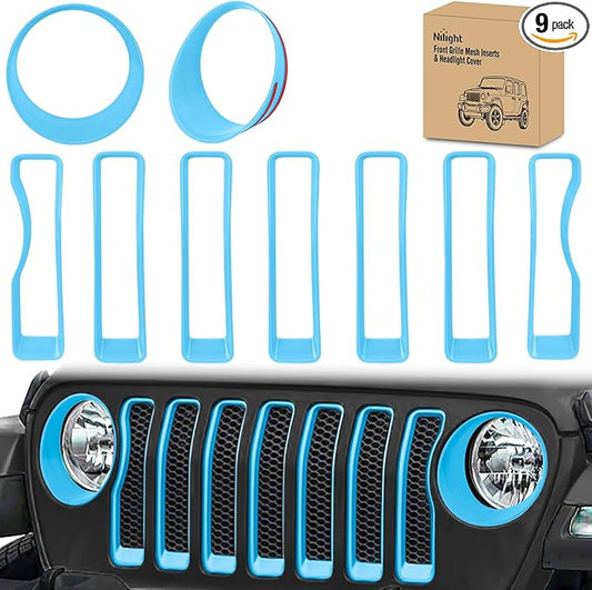 Nilight Grill Inserts fit for Jeep Wrangler Front Grille Inserts Headlight Cover Set for JL JLU Unlimited Sport SportS 2018 2019 2020 2021 2022 2023 Grille Bezels Trim Exterior Accessories Blue 9 Pcs