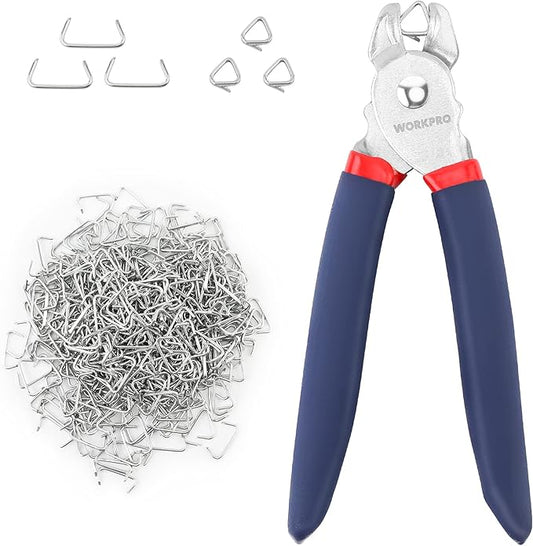 WORKPRO Hog Ring Pliers with 500 Pcs 3/4" Hog Rings, Galvanized Steel Hog Rings Perfect for Furniture Upholstery, Auto Upholstery, Plastic Meat & Sausage Casings