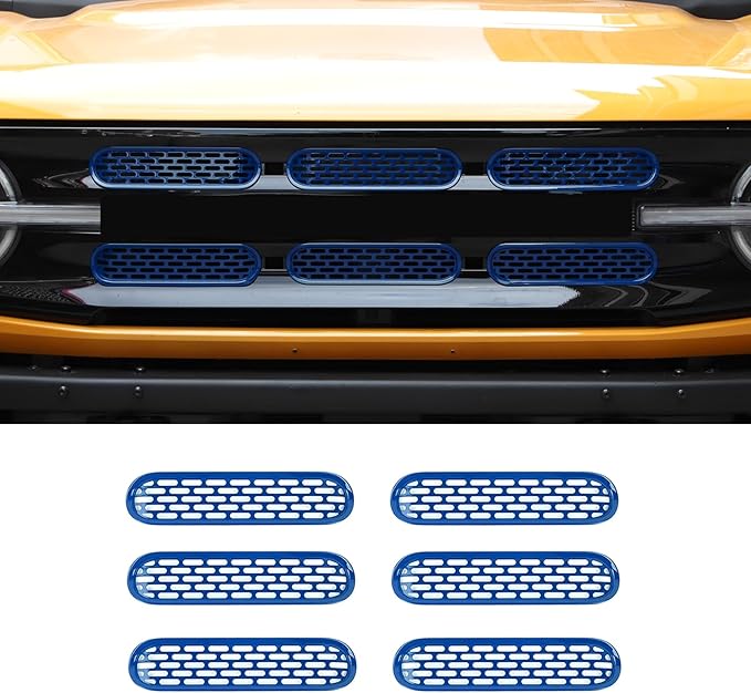 Front Grill Mesh Grille Inserts Cover Frame Trims Kit 6Pcs Fit for Ford Bronco 2021-2025 2/4 Door Exterior Accessories (Blue)