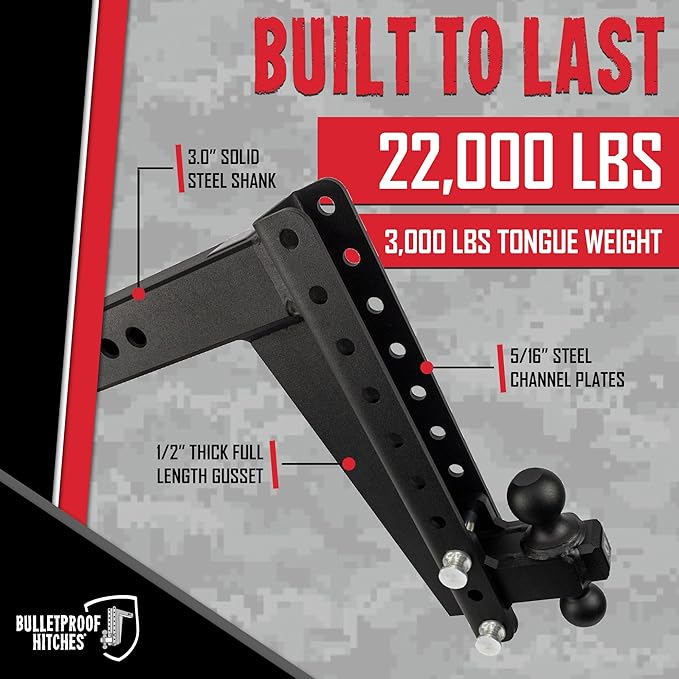 BulletProof Hitches - 3.0" Adjustable Heavy Duty Trailer Hitch (22,000 lb. Rating) - 14" Drop/Rise Trailer Hitch with 2" & 2-5/16" Dual Ball - Powder Coat, Solid Steel, Corrosion-Resistant
