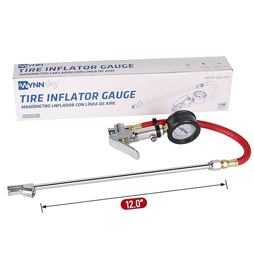 WYNNsky Tire Inflator with Tire Pressure Gauge, Extended Straight-on Air Chuck with 12 Inch Rubber Air Hose