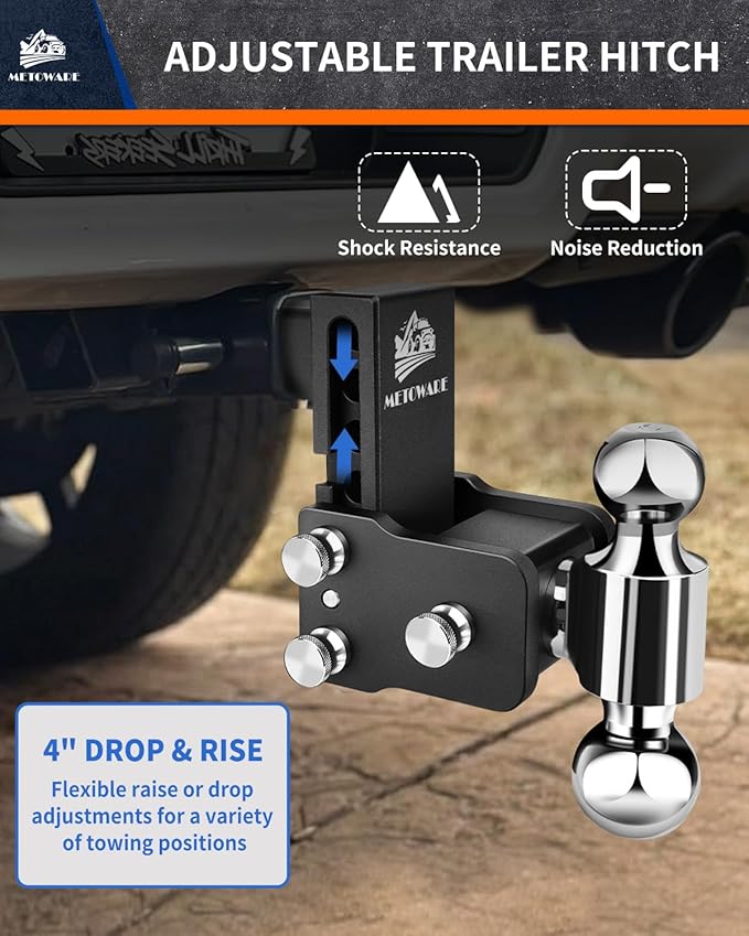 METOWARE Adjustable Trailer Hitch - Drop Hitch - Tow Hitch Fits 2.5 inch Receiver - 4inch Drop/Rise, 2" & 2-5/16" Ball Hitches for Trucks, 18,000 LBS GTW, Trailer Hitches with Anti-Theft Pin Lock