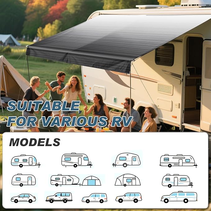 16FT RV Awning Fabric Replacement, Heavy Duty 4-PLY Vinyl Fabric Camper Awning, Universal Outdoor Canopy for Camper, Trailer, Motorhome Awnings for All Awning Brands - Black Fade 15'2"