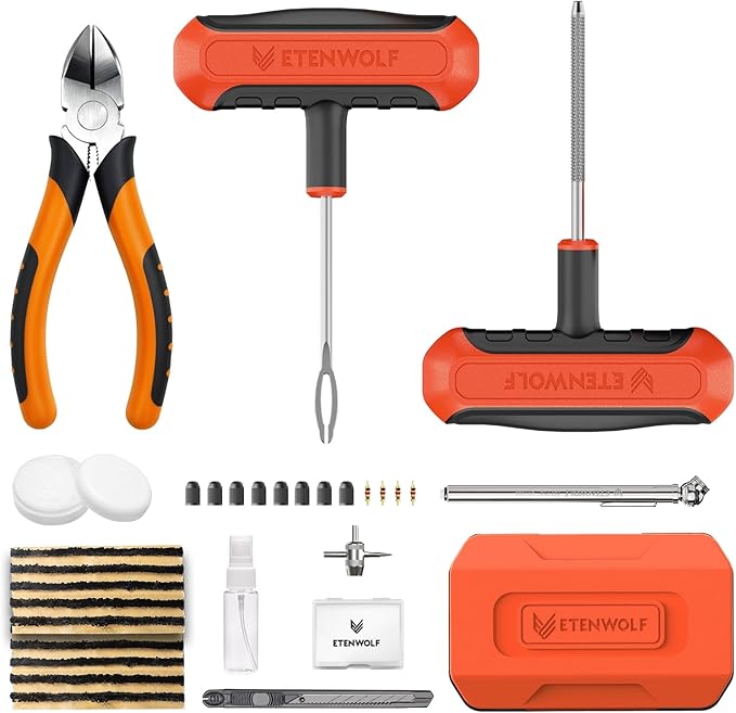 ETENWOLF Tire Repair Kit 42 Pcs, Heavy Duty Tire Plug Kit to Fix Punctures, Tire Repair Tool with Plugs for Car, Motorcycle, ATV, Jeep, Truck, Tractor, Vivid Orange