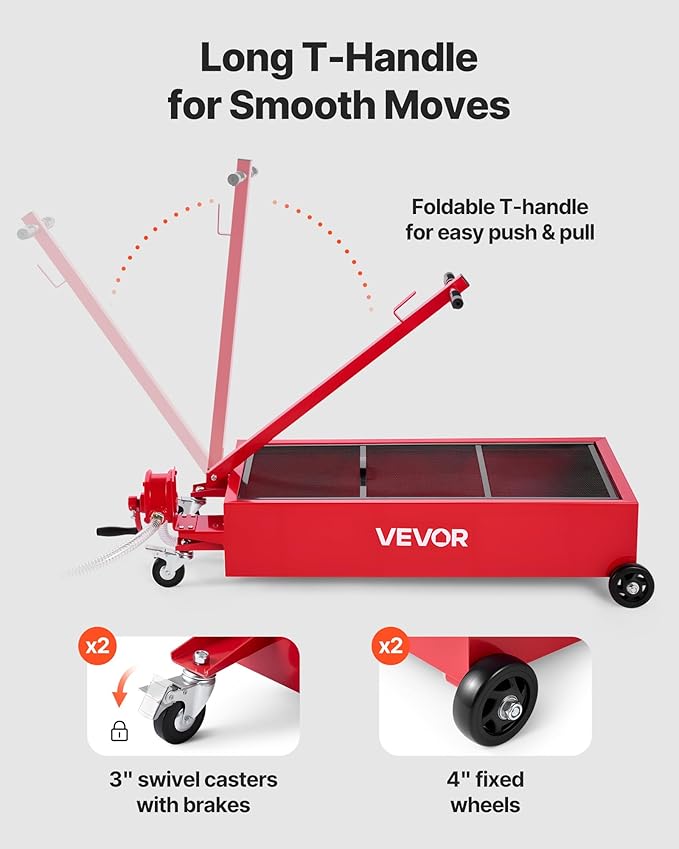 VEVOR Low Profile Oil Drain Pan, 20 Gallon Capacity, Rolling Oil Drain Pan with Manual Pump, 7.2 ft Hose & T Folding Handle, Leak-Proof & Corrosion-Resistant, Fit for Cars, SUVs, Trucks, ATVs, Red
