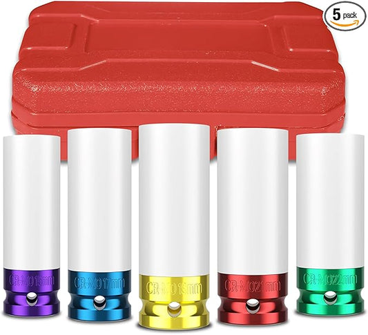 1/2" Drive Wheel Protector Impact Socket, 5pcs Thin Wall Deep Impact Socket Set, Durable Plastic Sleeve Lug Nut Socket, 6 Point, Metric, Color-Coded,15 17 19 21 22mm