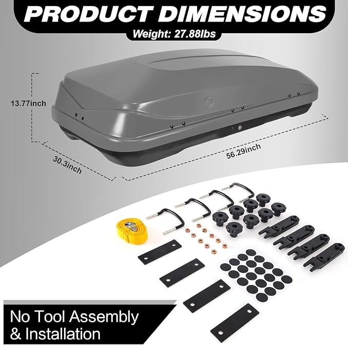 Gray Rooftop Cargo Box Carrier Large 13 Cubic Feet Car Top Mount Travel Luggage Storage, Dual Side Opening, Roof Cargo Boxes Waterproof Rooftop Storage Box Extra Keys, Straps