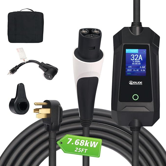 Level 1 & 2 EV Portable Charger up to 32Amp, 110V / 240V with 25ft Cable for Tesla NACS, NEMA 5-15 & 14-50 Plug Indoor/Outdoor EVSE, Home/Travel Electric Car Charging Station