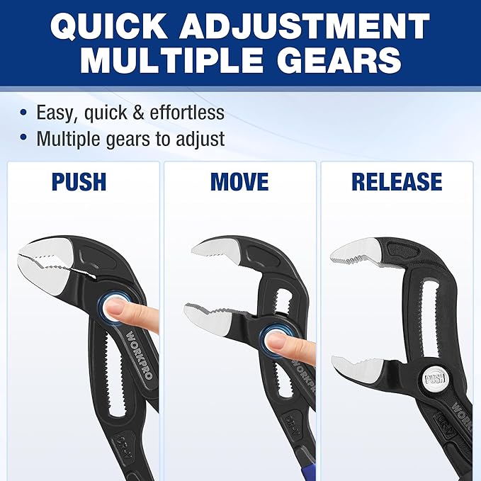 WORKPRO 10" Water Pump Pliers, V-Jaw Groove Joint Pliers, Upgraded 50mm Wide Opening, Quick Adjustable Plier for Home and Industrial Repair, CR-V Steel, Dual Serrated, Soft Grip