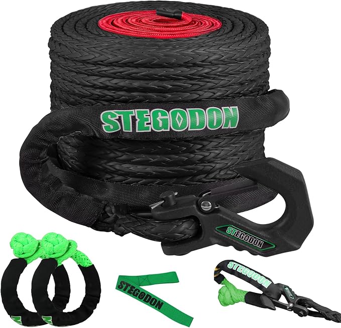 Winch Rope 1/2 in x 85 ft Synthetic Winch Rope Kit,32000 LBS Winch Line Cable with Soft Shackle,Winch Hook and Safety Pull Strap for 4WD Off Road Vehicle Truck (Black)