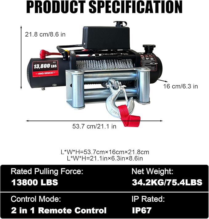 13800lbs Electric Vehicle Winch, Waterproof IP67 80ft Steel Cable Truck Winch with Wireless Handheld Remote, 12V Power Winch for Towing UTV Off Road Vehicle