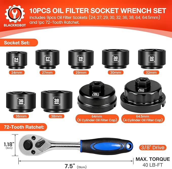 BLACKROBOT 10-Piece 3/8” Drive Oil Filter Socket Wrench Set, Metric Low Profile Oil Filter Sockets with 72-Tooth Ratchet, Oil Filter Cap Remover and Installer Tool Set