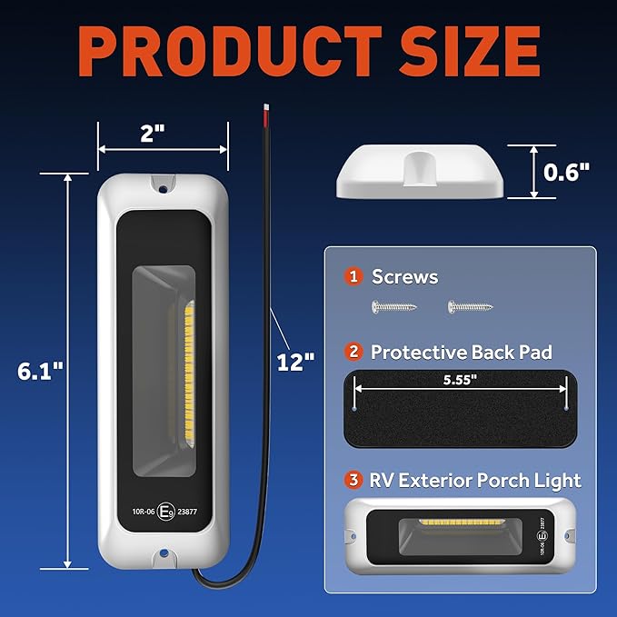 LED RV Exterior Porch Light, 6 Inch 10W 850LM High Brightness, 10-30V DC, IP68 Waterproof Aluminum Housing for RVs, Trailers, Boats & SUV (White Light 6000K)