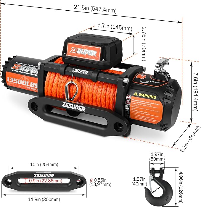 ZESUPER 13500 lb Electric Winch, Synthetic Rope 12V Winch Waterproof IP68 Winch Kit,Off Road Winch for Jeep,Truck,SUV, with Wireless Remote, Corded Control,Side-Mounted Bracket for Control Box