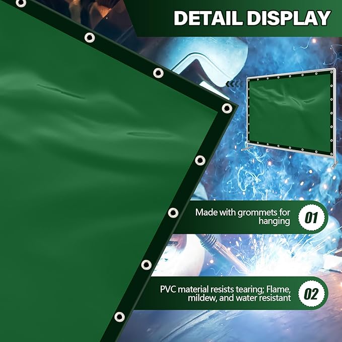 2 Pcs Welding Curtain Safety Transparent Welding Screen with Fixed Belt for the Stand of 6 x 8ft Fireproof Resistant Insulation for Welding Arc Light UV and Light Protection(Green)