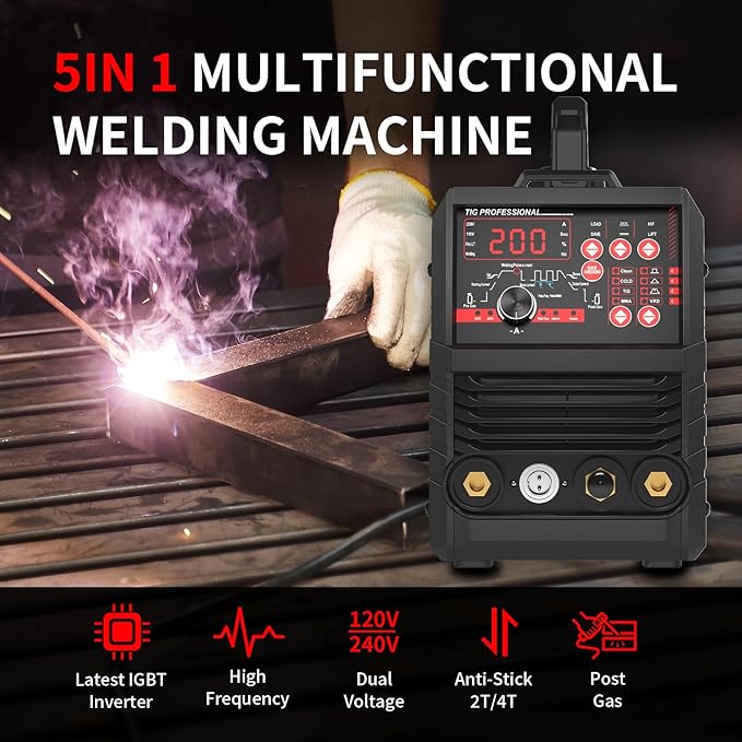PONEY TIG Welder 200 Amp 5 In 1 TIG Welding Machine DC TIG/Spot TIG/Pulse TIG/Stick, 110V/220V Dual Voltage with Large Digital Display