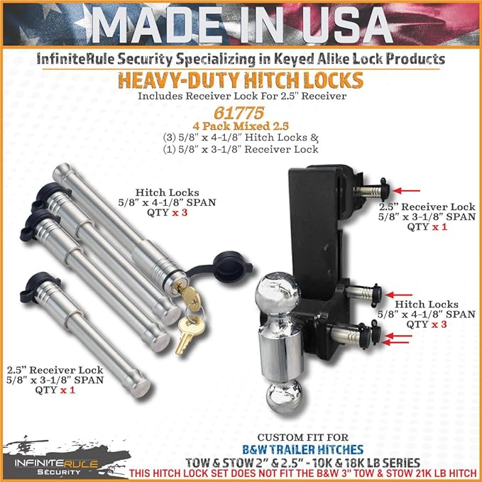61775 | 4 Pack Mixed 2.5, Keyed Alike, Hitch Locks for B&W 2" & 2.5" Tow and Stow 10K LB & 18K LB - Includes Receiver Lock for 2.0" Or 2.5" Receiver