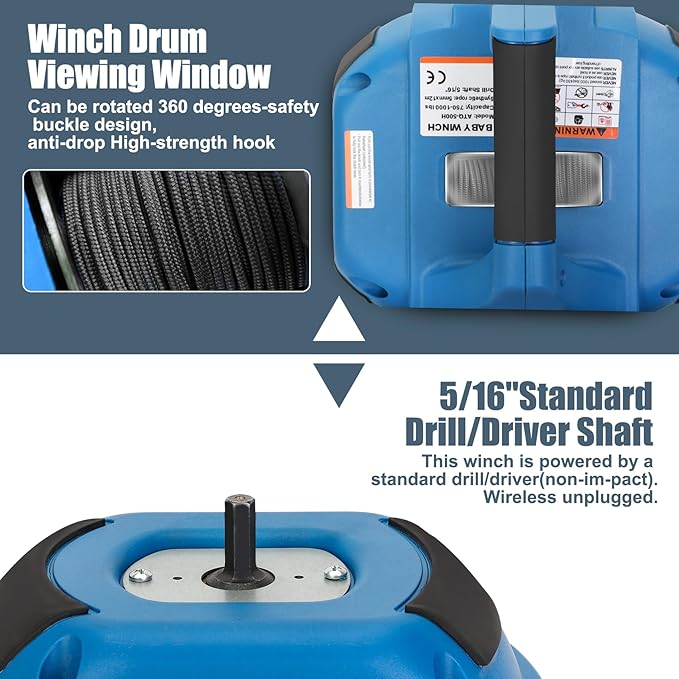 Portable Drill Winch of 1000 LB, Red Handheld Drill Winch with 40 Foot Synthetic Rope, Rotate The Hook 360 Degrees, for Lifting & Dragging (Blue)