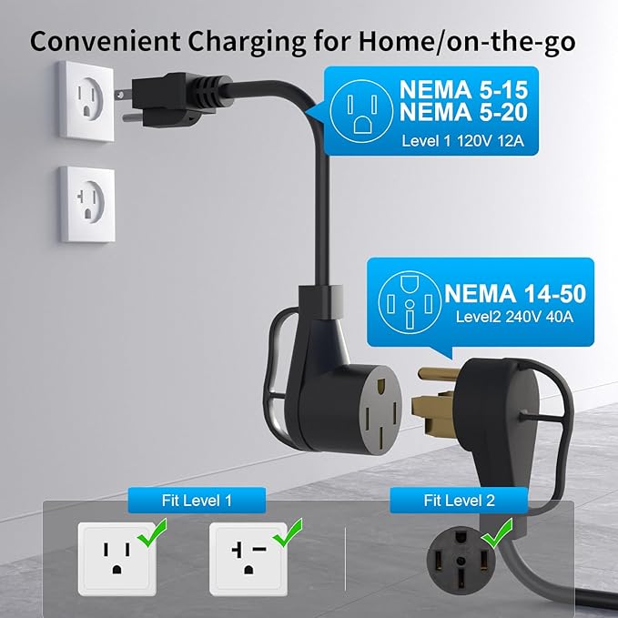 40 Amp Level 2 / Level 1 Portable EV Charger Station for SAE J1772 EV Cars (240 Volt, 23ft Cable), FCC and UL Certified, with NEMA 14-50 plug and 5-15 to 6-20 plug options and J1772 to Tesla adapter