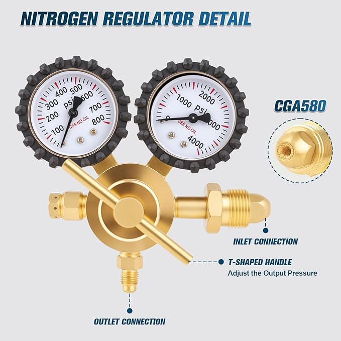 Nitrogen Regulator, 0-800PSI Nitrogen Regulator HVAC with CGA580 Inlet, 1/4" Male Flare Outlet Connection, Nitrogen Tank Regulator for HVAC Purging, Leak Checking, Pressure Testing, Welding