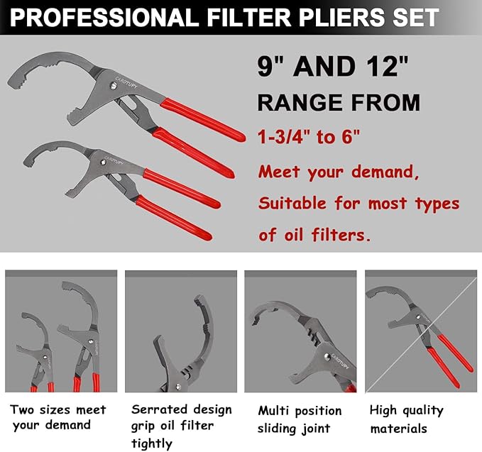 10PCS Oil Filter Wrench Set, 9" & 12" Oil Filter Pliers, 3 Jaw Oil Filter Wrench Tool with Oil Funnel for Oil Change Adjustable From 1-3/4" to 6"