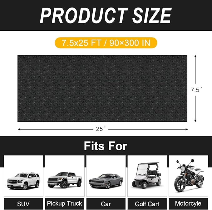 7.5x25 FT Garage Floor Mat, Updated 2.8mm Thicked Flooring Roll with 20Pcs Tapes, 188 sqft Diamond Plate PVC Rubber Trailer Mat, Non-Slip Floor Protector Mat for Garage Warehouse Gyms (Matte Black)