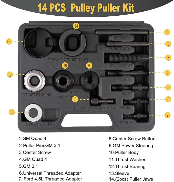 14PCS Power Steering and Alternator Pulley Tool Kit, Replace Vehicle Steering Pump and Car Repair Tools, Essential Car Repair Tools for Mechanics with Storage Case