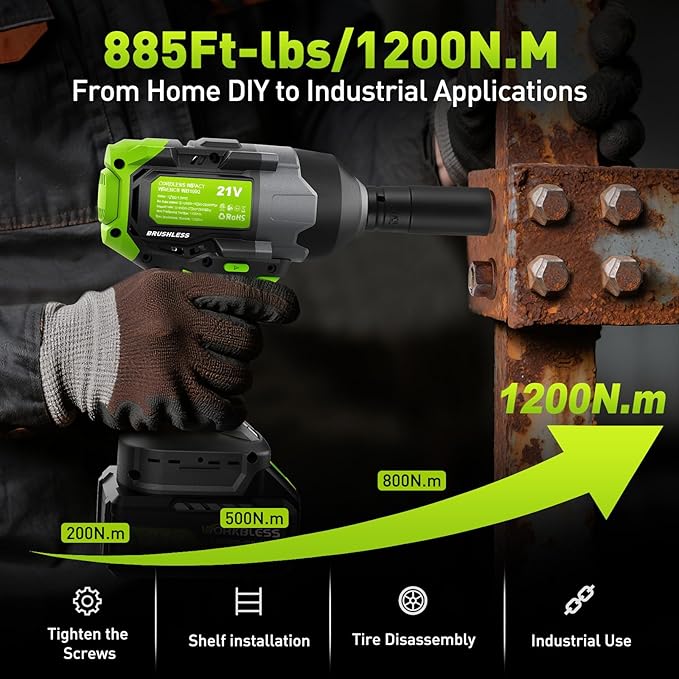 Cordless Impact Wrench 1/2 Inch: Brushless 1/2 Impact Gun Kit - Max 1200N.m (885ft-Lbs) High Torque Impact Driver for Car Tire, Mower, 20V 4Ah Battery, 3-Speed, 4 Socket, LED Light
