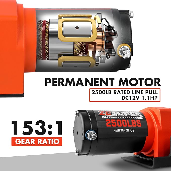 ZESUPER 2500 lb Electric Winch 12V DC 50ft Steel Cable UTV ATV Boat Trailer Winch with Handheld Remote Mounting Plate Waterproof Small Electric Winch ATV Winches Kits