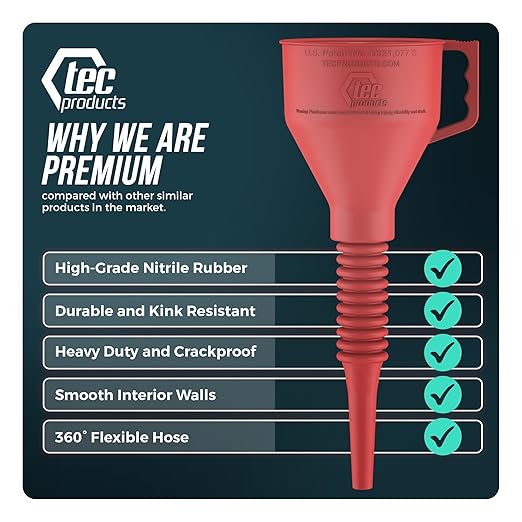 FlexAll Funnel Bundle - Long Flexible Funnels with Hose for Automotive Use - Nitrile Rubber Funnels with Handle for Oil Change and Transmission Fluid - Gas, Diesel, & Oil - Red (Small + Large)