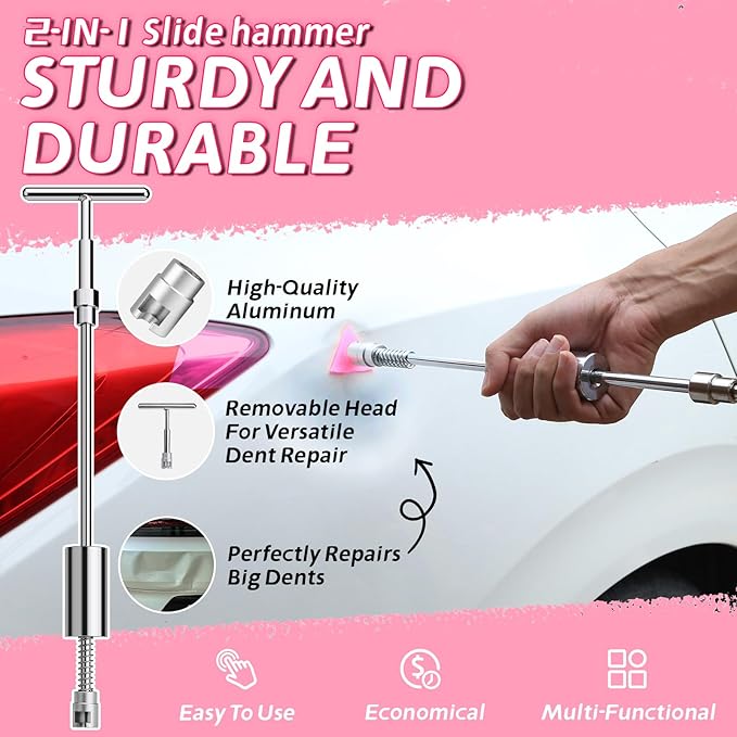 Car Dent Puller Kit, Paintless Dent Remover Tool with High Viscosity Puller Tabs & Glue Sticks Hot Glue Gun, 2-in-1 Slide Hammer T-bar, PDR Tools Set for Car Dent Repair Hail Damge or Door Dings