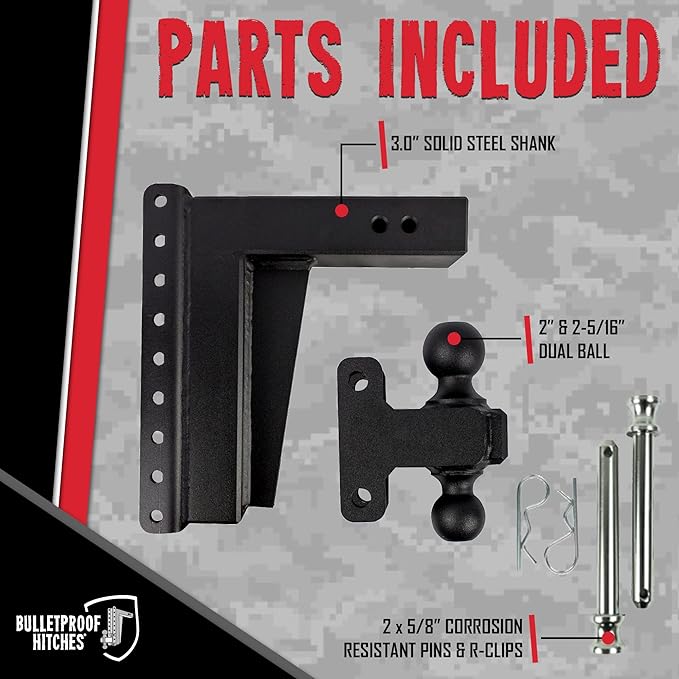 BulletProof Hitches - 3.0" Adjustable Extreme Duty Trailer Hitch (36,000 lb. Rating) - 12" Drop/Rise with 2" and 2 5/16" Dual Ball - Powder Coat, Solid Steel, Corrosion-Resistant