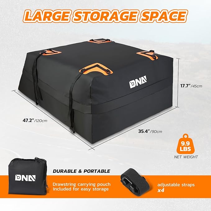 DNA Motoring Car Rooftop Waterproof Bag, 17.6 Cubic Feet Waterproof Car Roof Luggage Bag, Heavy Duty Car Roof Cargo Carrier Bag, Car Roof Bag, w/ 4 Reinforced Straps, TOOLS-00422