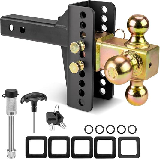 Adjustable Trailer Hitch for 2-Inch Receiver, 6-Inch Drop & Rise, 20,000 lbs GTW, 3 Ball Hitches Included (1-7/8", 2", 2-5/16") with Anti-Theft Lock, Heavy-Duty Ball Mount for Trucks