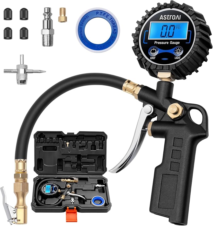 AstroAI Digital Tire Pressure Gauge with Inflator, 3-250 PSI Air Chuck & Compressor Accessories Heavy Duty with Quick Connect Coupler, 0.1 Display Resolution (Standard with Case)