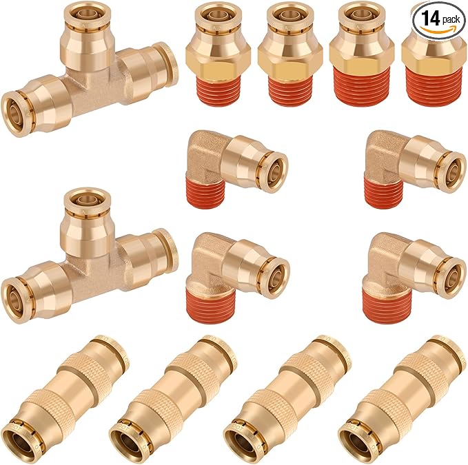 14 Pcs 3/8" Brass DOT Air Line Fittings Kit 1/4" 3/8" DOT Push Lock Air Fittings NPT Thread & Quick Connect Air Hose Fittings Kit