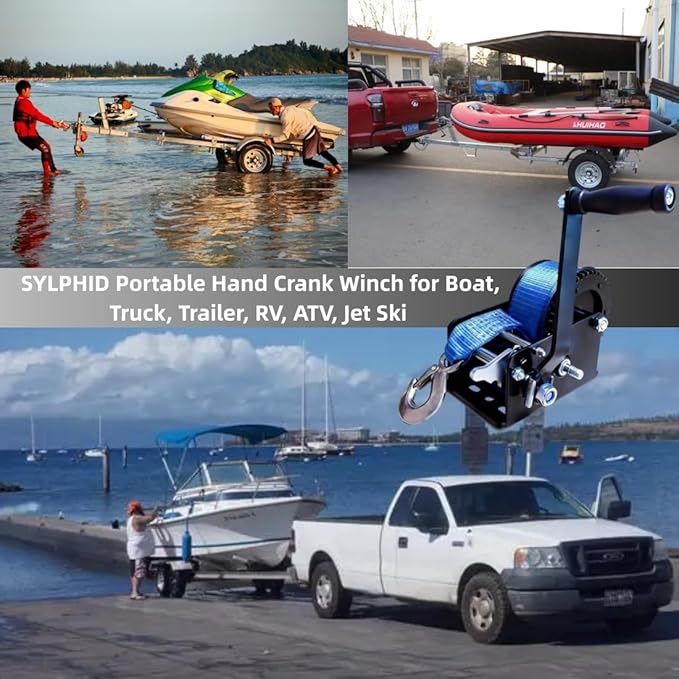 SYLPHID 1200lbs Heavy Duty Boat Trailer Winch with 26FT Strap, Portable Hand Crank Winch for Boat, Truck, Trailer, RV, ATV, Jet Ski (1200Lbs with 26FT Strap)