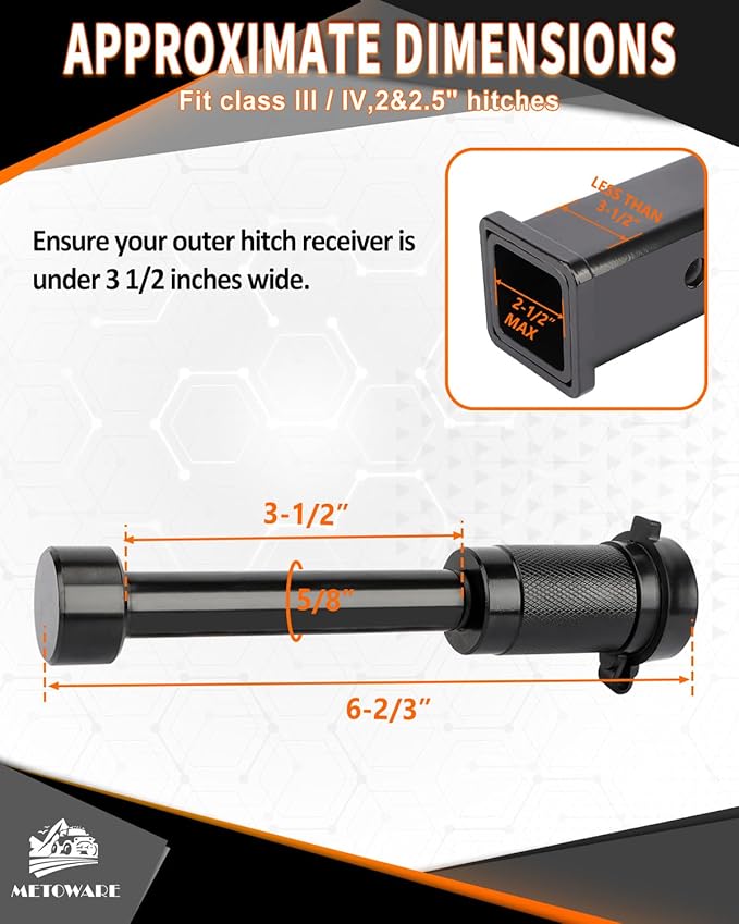 METOWARE Trailer Hitch Lock Hitch Receiver Lock Fits Class III IV and 2" 2-1/2" Receiver with 5/8" Dia 3-1/2” Long Pin and 8 Anti-Rattle Rubber O-Rings, for Trailer Truck Car Boat (1 Pack)