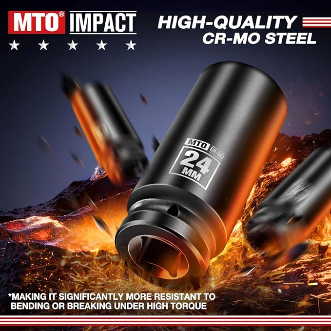 MTO 1/2" Drive 24mm Deep Impact Socket, 6 Pt. Metric Socket, CR-MO Steel & Anti-Corrosion Coating for Heavy-Duty Use