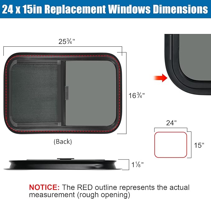 Horizontal RV Window, 24" W x 15" H Tinted Sliding RV Window with Net Screen and Trim Ring, Suitable for 15/16" or 1-3/8" and Slightly Thicker Up to 1/16" Walls, DOT Approved