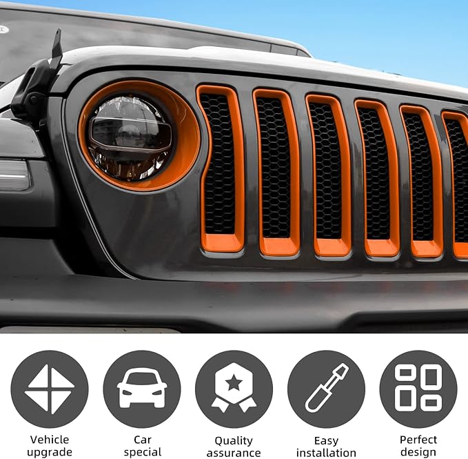 Grille Grill Insert+Headlight Turn Light Cover Compatible with 2018-2023 Jeep Wrangler JL JLU Sport/Sport S Only,Not for Sahara,Rubicon 4xe(Orange)
