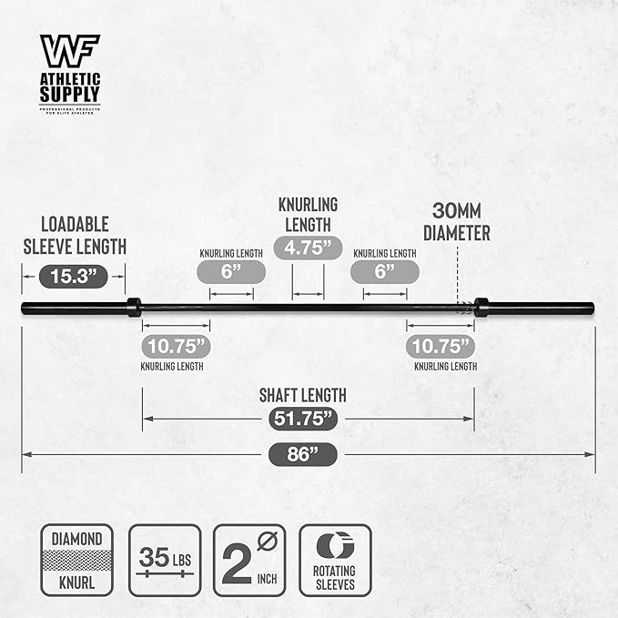 WF Athletic Supply 7 ft 2-inch Olympic Weighted Solid Steel Bar Barbell, for Weightlifting/Bench Press/Deadlift and Power Lifting Strength Training, with Rotating Sleeve, Home Gym